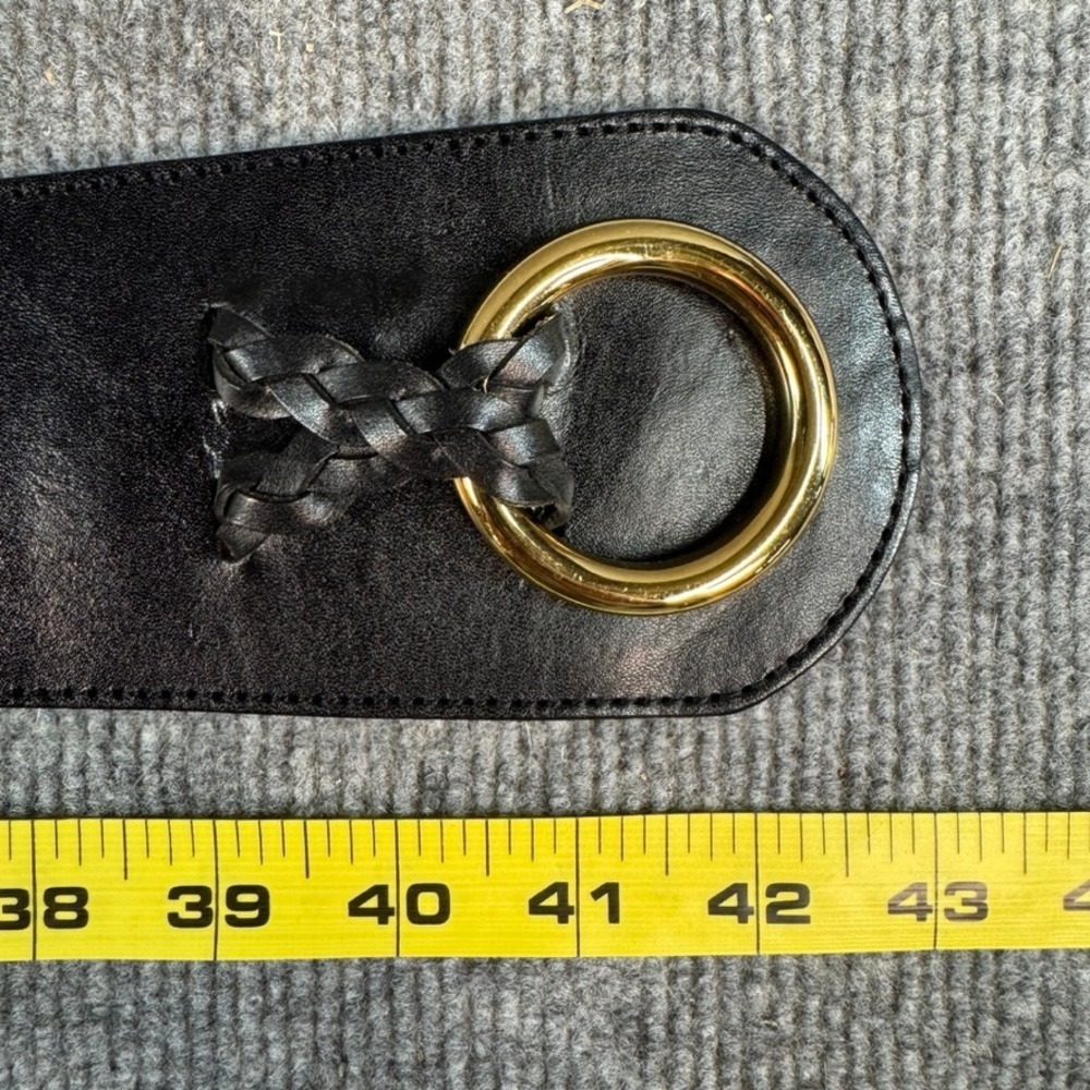 Black Leather Wide Waist Belt Gold O-Ring Braided Detail M FRE2026